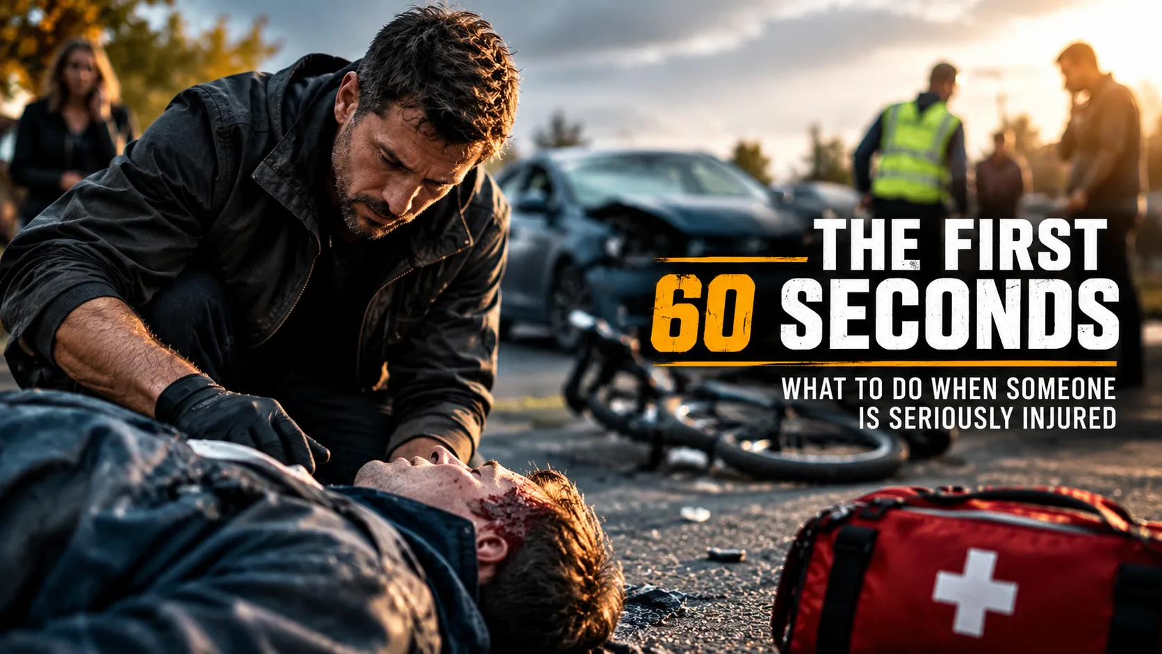 Bystander providing first aid to an injured person at a road accident while another person calls emergency services