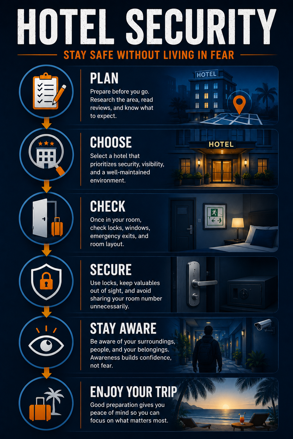 Hotel Security Process: Plan -> Choose -> Check -> Secure -> Stay Aware -> Enjoy Your Trip