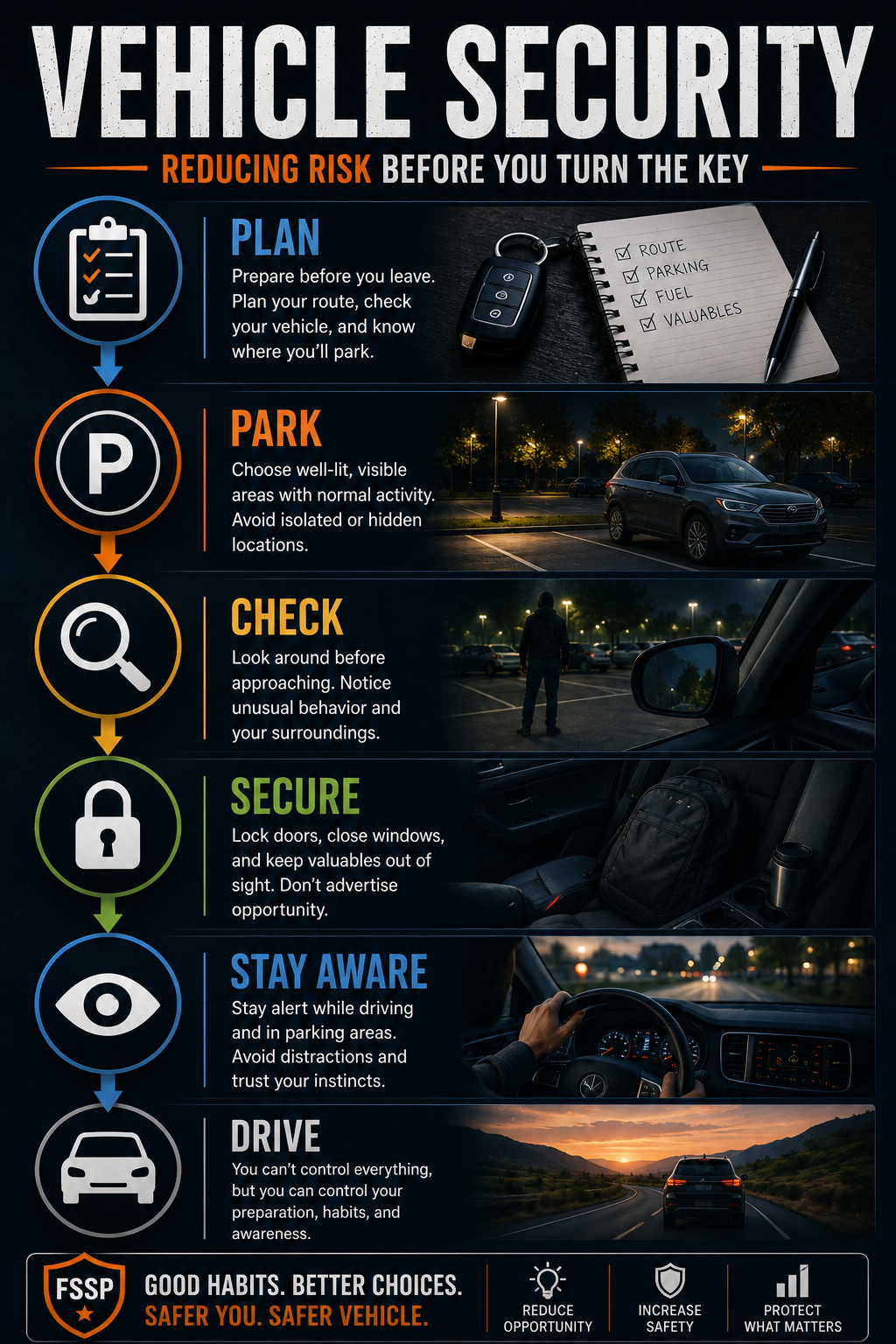 Vehicle Security Process: Plan -> Park -> Check -> Secure -> Stay Aware -> Drive