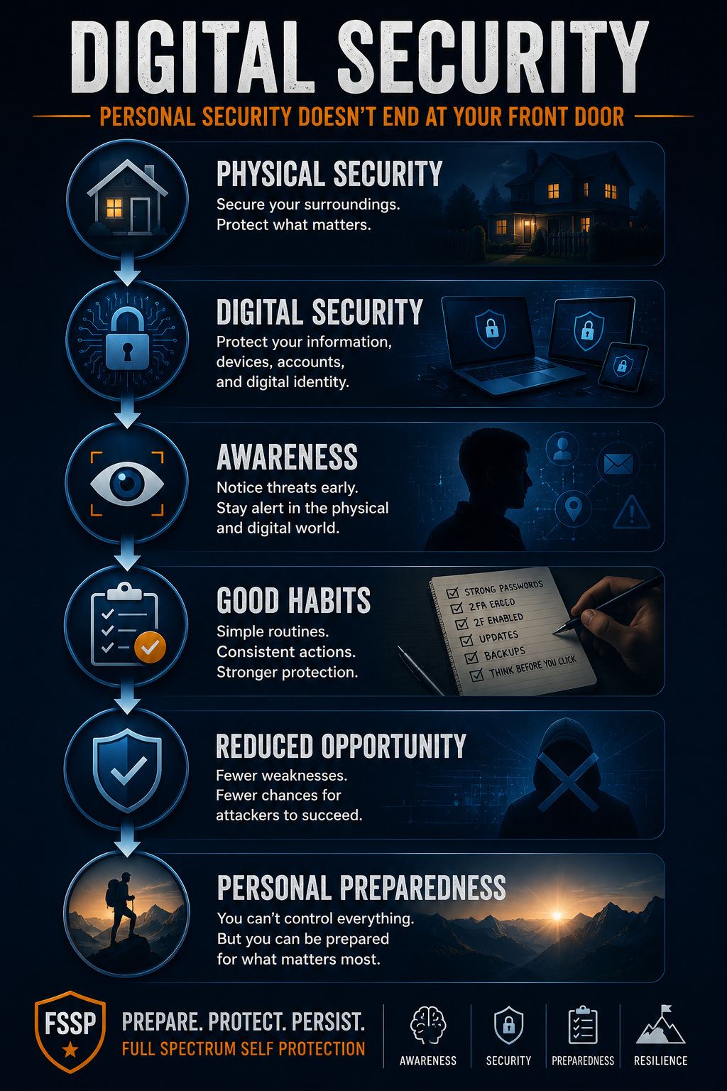 Digital Preparedness Framework: Physical Security -> Digital Security -> Awareness -> Good Habits -> Reduced Opportunity -> Personal Preparedness