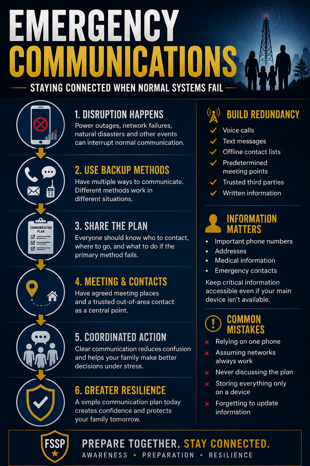 Emergency Communication Flow: Normal Communication -> Disruption -> Backup Methods -> Shared Plan -> Coordinated Action -> Greater Resilience