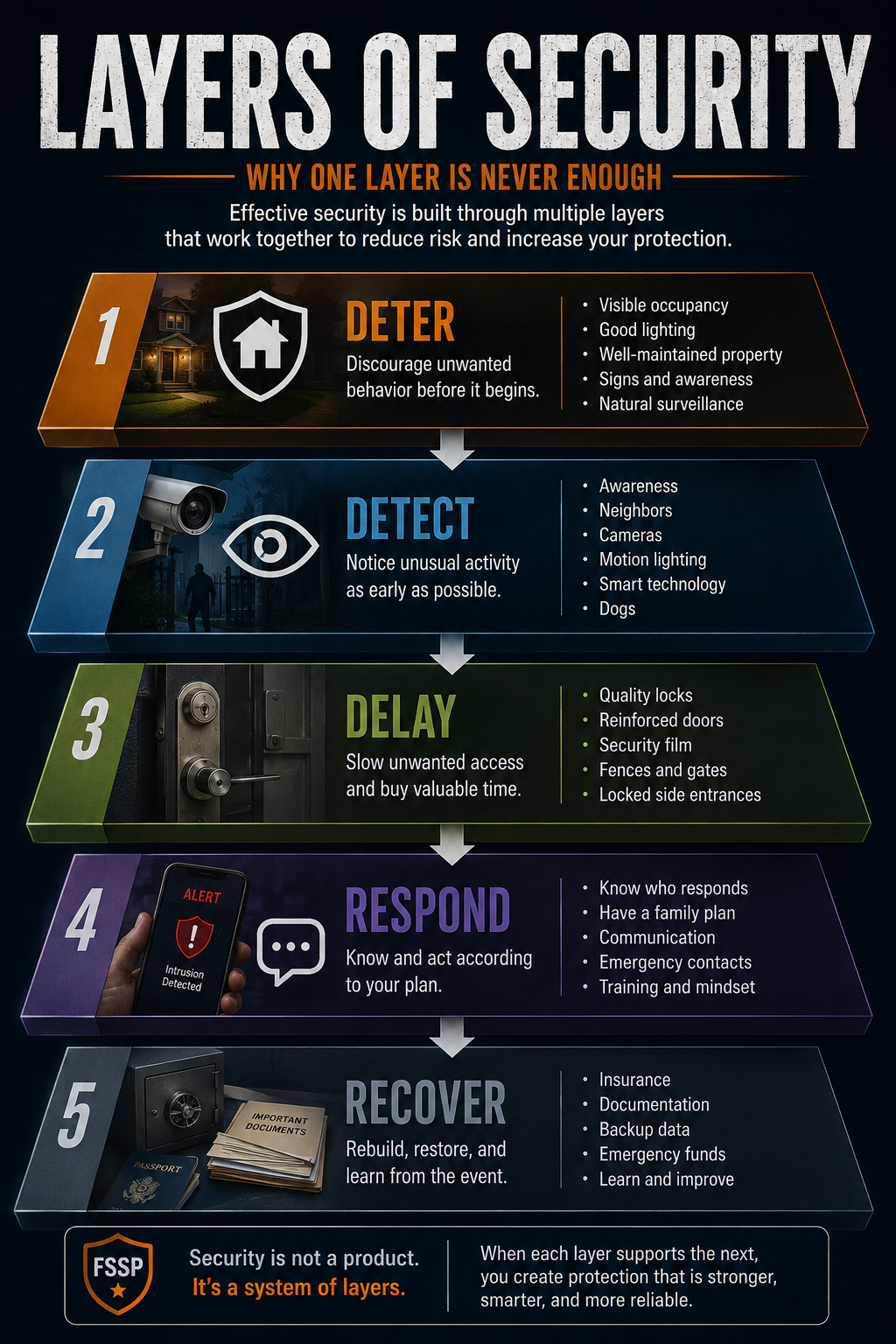 Five Security Layers: Outer Layer -> Deter -> Detect -> Delay -> Respond -> Recover
